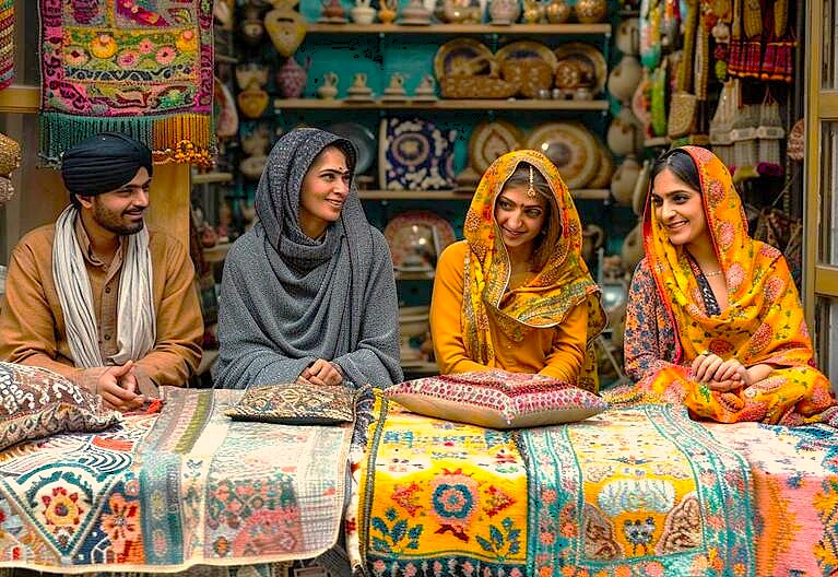 Uttar Pradesh. Four South Asian artisans in Agra, India, showcase vibrant handcrafted textiles, cushions, and traditional crafts in a bustling local market on your way to the Taj Mahal, highlighting cultural heritage. Uttar Pradesh. Four South Asian artisans in Agra, India, showcase vibrant handcrafted textiles, cushions, and traditional crafts in a bustling local market on your way to the Taj Mahal, highlighting cultural heritage.