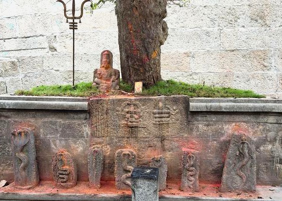“Outdoor stone shrine at CHAMUMDI HILL, Mysore, Karnataka, India displaying ancient carvings, sacred snake motifs, deity figurines, vibrant ritual pigments, cultural heritage, historic holy landmark.”