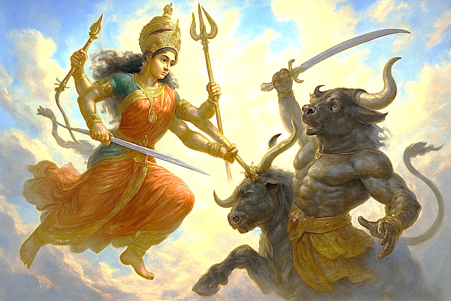 Epic cinematic digital painting of Goddess Chamundeshwari atop Chamundi Hill in Mysore, Karnataka, India, unleashing divine energy against Mahishasura’s buffalo avatar amid dramatic glowing clouds.