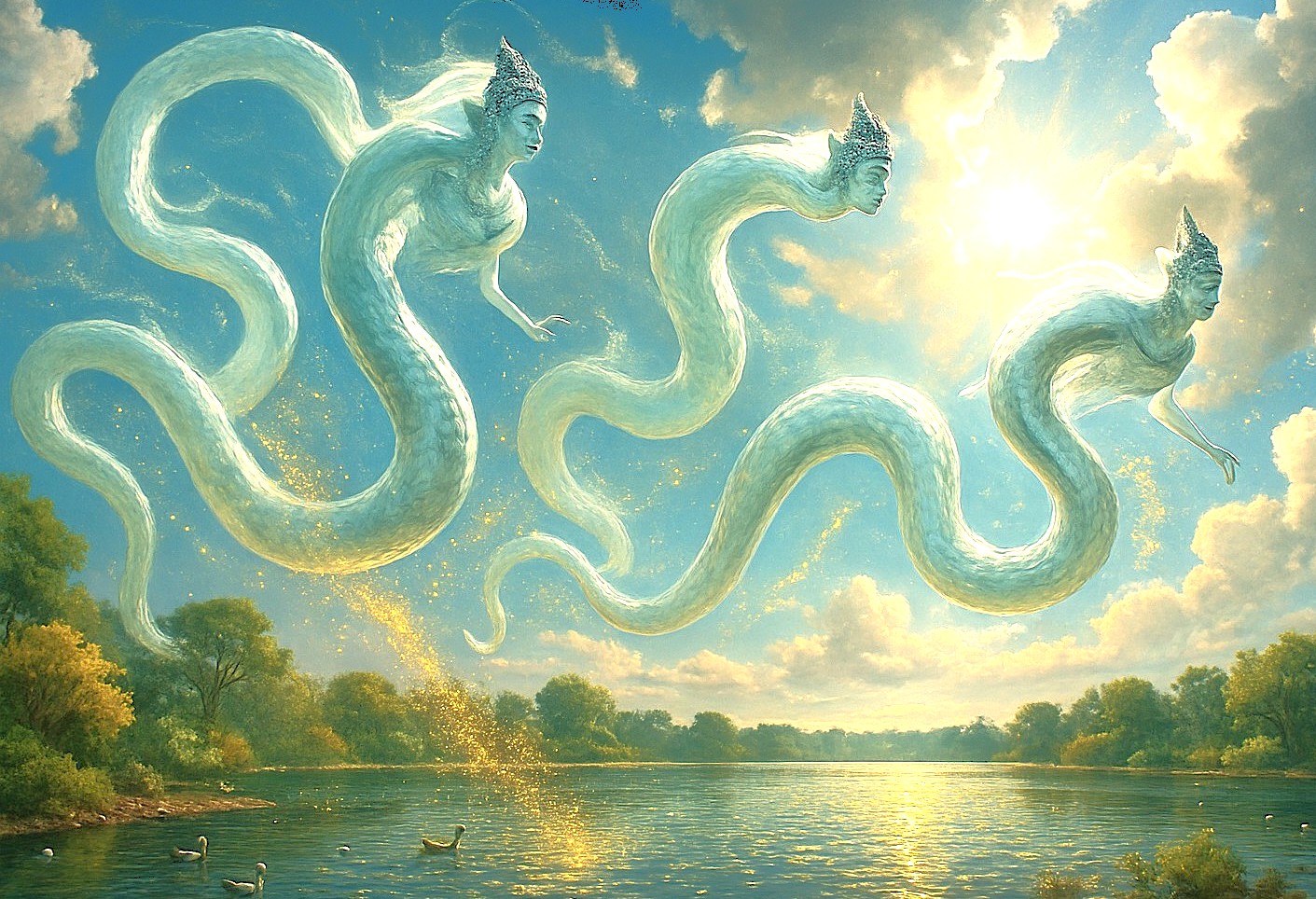 Mystical naga spirits hover above serene Karanji Lake in Mysore, Karnataka, India, blending mythic elegance with natural beauty at this iconic wildlife habitat tourist landmark.