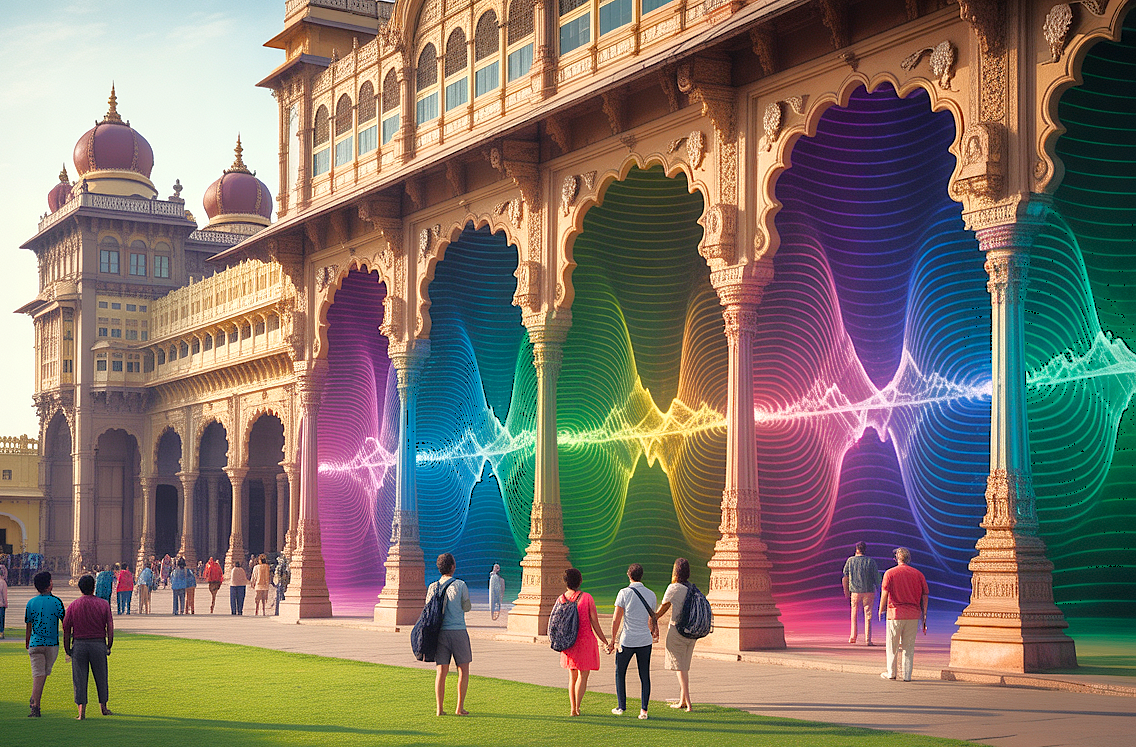 “Ultra-realistic daytime view of Mysore Palace in Karnataka, India, with glowing Solfeggio frequency-inspired wave patterns flowing through its marble columns, surrounded by lush green lawns and tourists enjoying the cultural heritage site.”