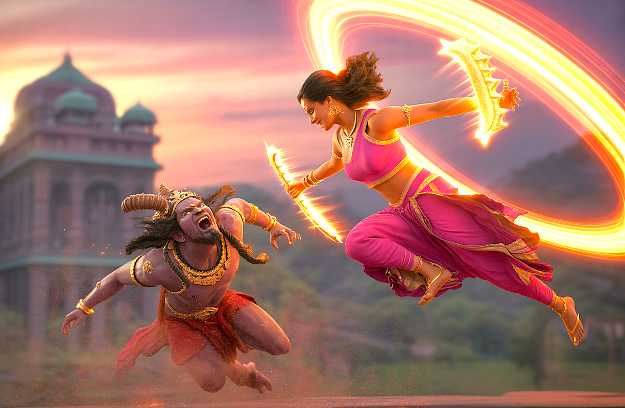 “Vibrant mythological battle scene depicting Goddess Chamundeshwari triumphing over Mahishasura, set against a dramatic backdrop at Devaraja Market in Mysore, Karnataka, India, blending traditional legend with colorful fantasy.”