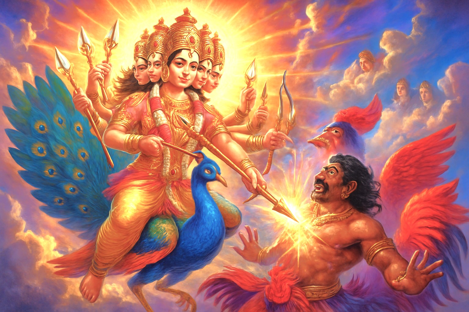 Dramatic Shanmukha Temple artwork in Bangalore Karnataka India depicts Lord Shanmukha slaying a demon, showcasing divine valor, peacock mount, cultural heritage, spiritual devotion, rich tradition. Dramatic Shanmukha Temple artwork in Bangalore Karnataka India depicts Lord Shanmukha slaying a demon, showcasing divine valor, peacock mount, cultural heritage, spiritual devotion, rich tradition.