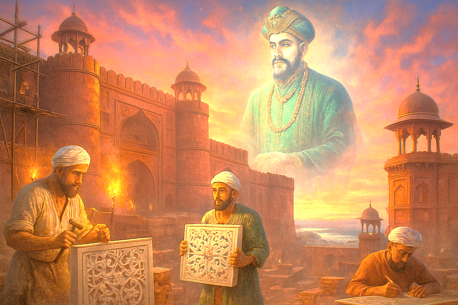 Skilled artisans crafting intricate stone carvings at Fatehpur Sikri's red sandstone fortress with Emperor Akbar's ethereal presence overlooking Mughal architectural heritage in Uttar Pradesh, India.