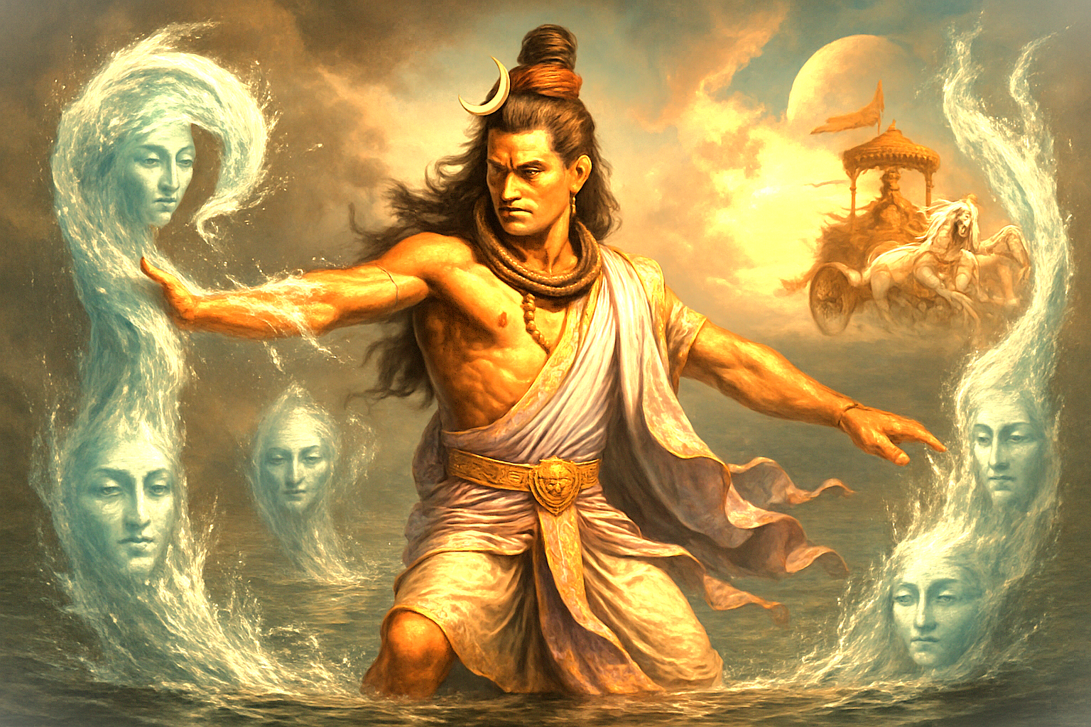 This fantasy artwork evokes the powerful legends of Badami, Karnataka, India, showing a deity like Lord Shiva commanding water spirits on the sacred Agastya Lake. This historic site, located near the Pattadakal UNESCO World Heritage complex, is steeped in rich mythology. This fantasy artwork evokes the powerful legends of Badami, Karnataka, India, showing a deity like Lord Shiva commanding water spirits on the sacred Agastya Lake. This historic site, located near the Pattadakal UNESCO World Heritage complex, is steeped in rich mythology.