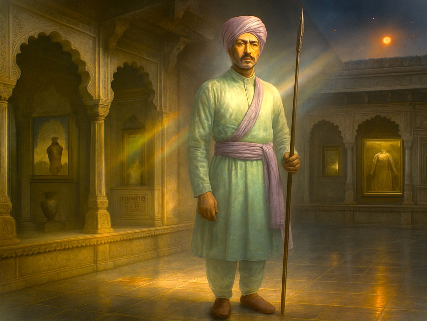 Majestic semi-translucent Rajput royal guard stands amid ornate stone arches at Bagore Ki Haveli Museum in Udaipur, Rajasthan, India, illuminated by sunset hues and subtle mist, blending history and heritage.