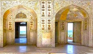 Ornate Mughal-era palace corridor at fatephur sikri, unseco World Heritage site in uttar pradesh, india, showcasing exquisite marble inlay, geometric archways, and scenic courtyard views. Ornate Mughal-era palace corridor at fatephur sikri, unseco World Heritage site in uttar pradesh, india, showcasing exquisite marble inlay, geometric archways, and scenic courtyard views.