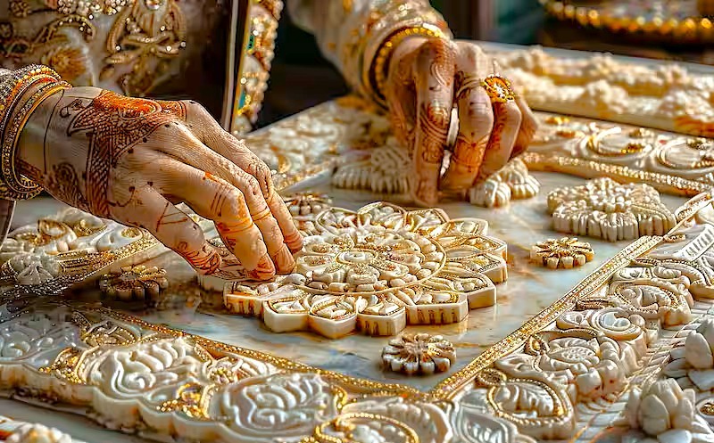 Artisan’s henna-adorned hands arrange ornate marble inlay and shell mosaic on a ceremonial platform, showcasing craftsmanship, pearls, gold accents in Uttar Pradesh, India wedding ritual. Artisan’s henna-adorned hands arrange ornate marble inlay and shell mosaic on a ceremonial platform, showcasing craftsmanship, pearls, gold accents in Uttar Pradesh, India wedding ritual.