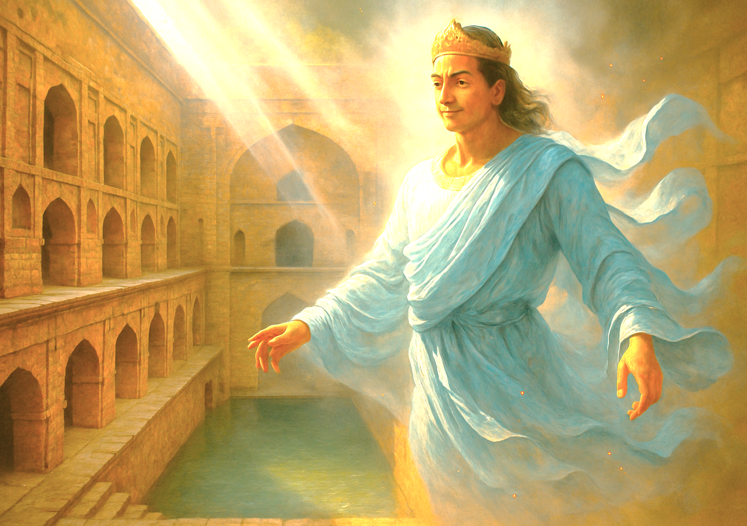 An artistic depiction of King Agrasen at Agrasen Ki Baoli, a historic stepwell in Delhi, India, located near famous UNESCO World Heritage sites like the Red Fort and Humayun's Tomb.