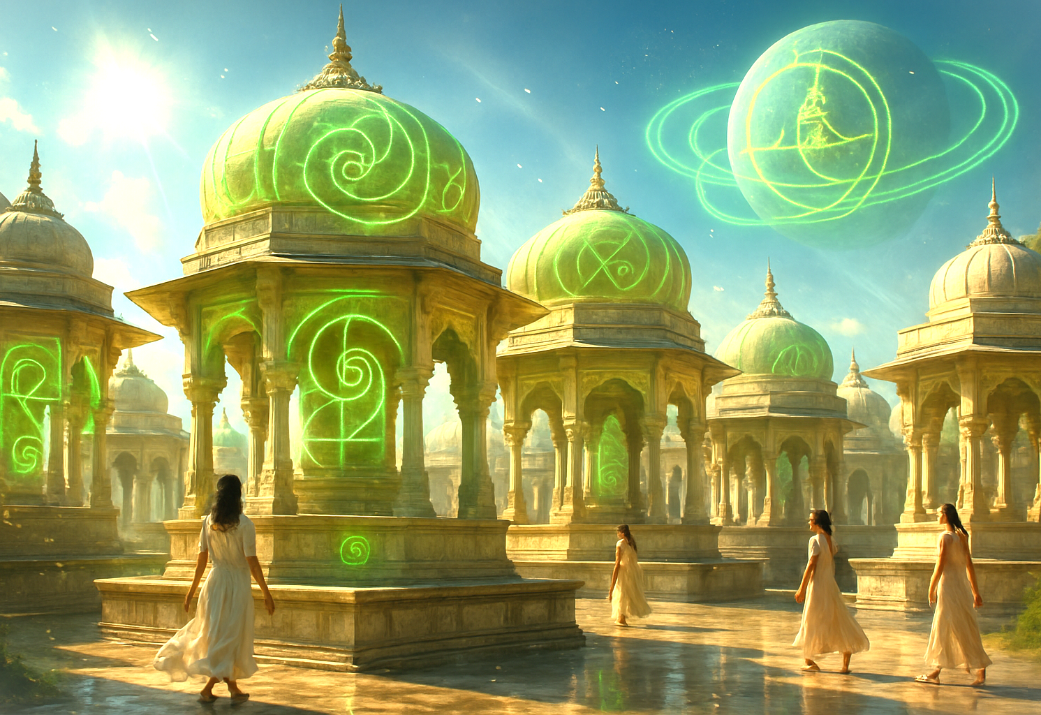 Marvel at Udaipur’s Ahar Cenotaphs in Rajasthan, India, where luminous green golden-ratio geometry illuminates marble domes, serene plaza with flowing-attire tourists, mystical temple-planet horizon, vibrant sacred heritage fusion.