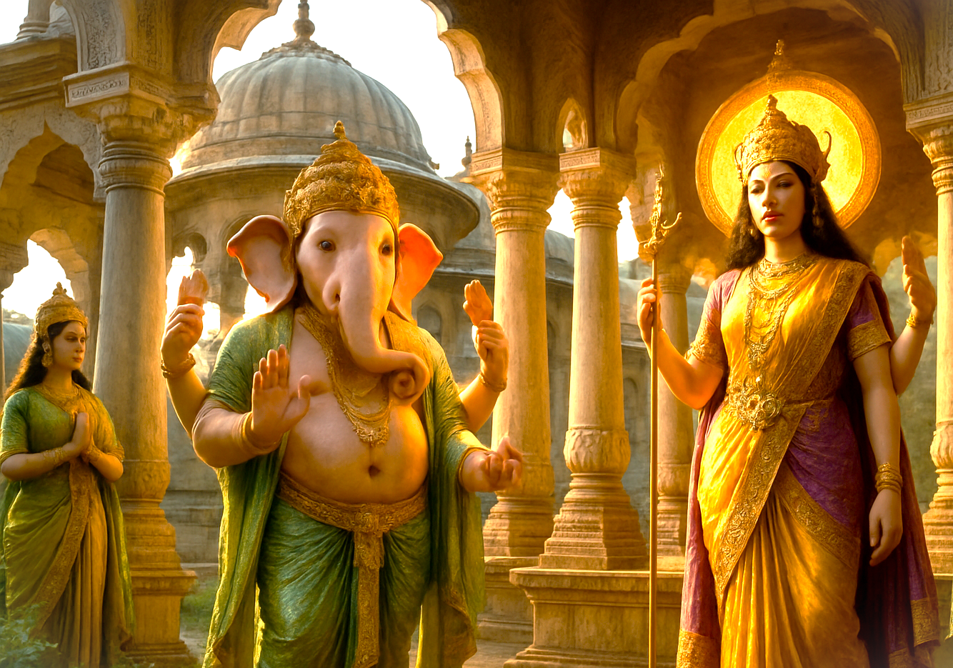 Full-body divine scene of Ganesha and Durga surrounded by glowing protectors within Udaipur’s historic Ahar Cenotaphs in Rajasthan, India, featuring ornate green, yellow and purple garments, elaborate domes, peaceful ambience.