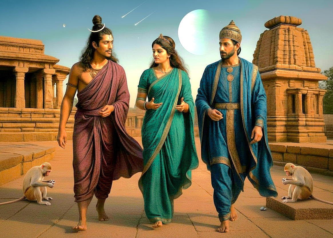 A stylized image of three Vishnu, Durga and Shiva in traditional Indian attire walking through the Aihole temple complex in India, a heritage site near Badami and Pattadakal UNESCO temples. A stylized image of three Vishnu, Durga and Shiva in traditional Indian attire walking through the Aihole temple complex in India, a heritage site near Badami and Pattadakal UNESCO temples.