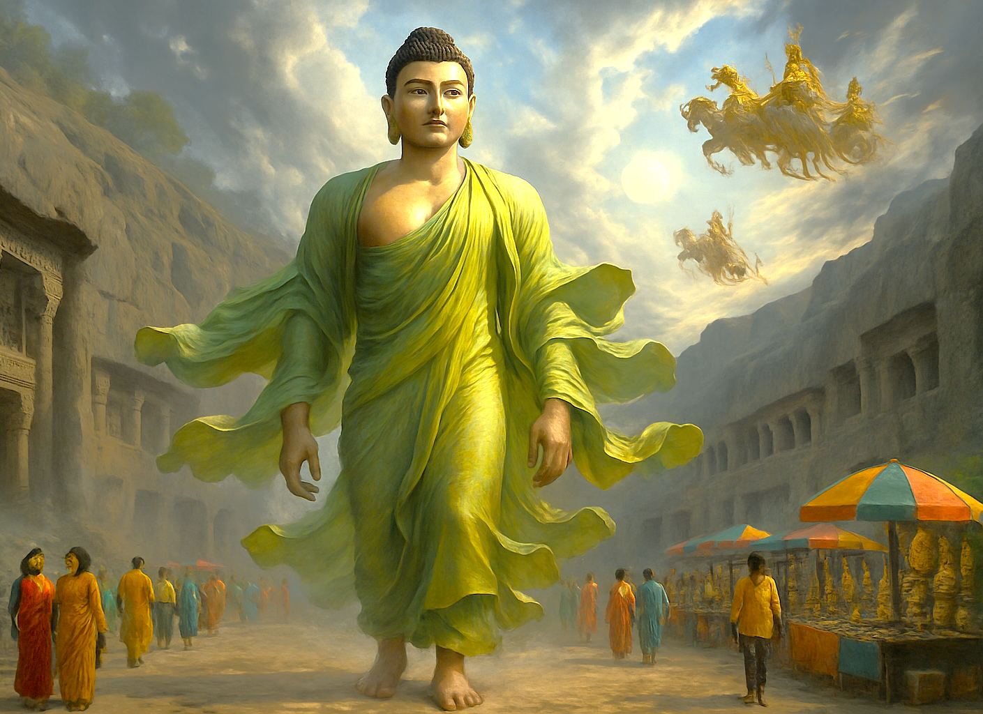 Modern lifelike Buddha in light-green robes strides through sunlit Ajanta Caves marketplace near Aurangabad, Maharashtra, India, UNESCO World Heritage site alongside Elora Caves, surrounded by vibrant tourists and celestial chariots.
