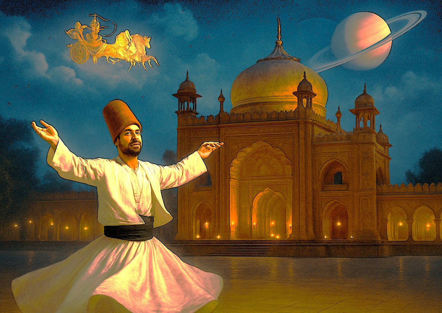 Surreal Sufi dancer whirls gracefully at Alamgir Dargah in Aurangabad, Maharashtra, framed by UNESCO World Heritage Elora and Ajanta Caves, cosmic Saturn overhead, blending Indian cultural heritage with celestial mysticism.