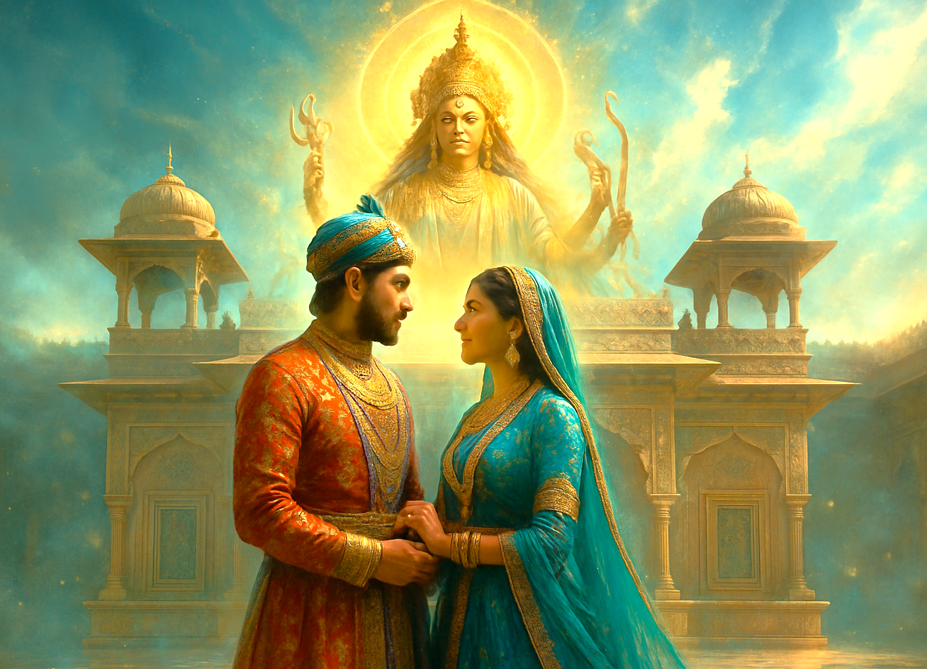 Regal Rajput Dynasty king and queen exchange tender gazes beneath a glowing Durga at Amber Fort UNESCO site in Jaipur, Rajasthan, India, framed by carved sandstone walls and ethereal light. Regal Rajput Dynasty king and queen exchange tender gazes beneath a glowing Durga at Amber Fort UNESCO site in Jaipur, Rajasthan, India, framed by carved sandstone walls and ethereal light.