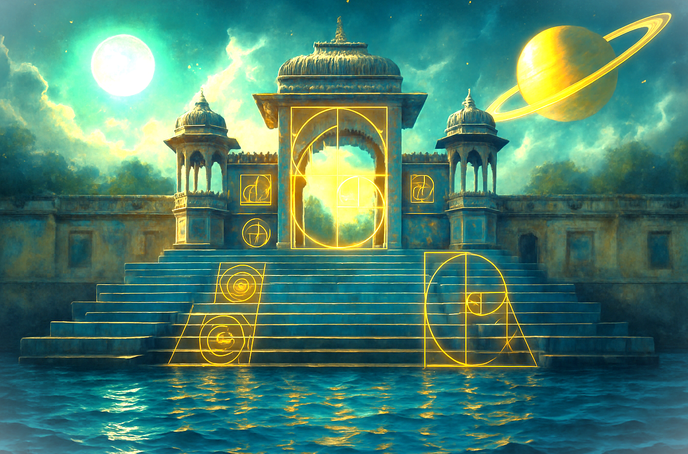 “Front view of Ambrai Ghat’s ornate stone steps in Udaipur, Rajasthan, India, adorned with bright blue sacred-geometry lines, mirrored in rippling azure water beneath a vibrant green sun, yellow Saturn.” “Front view of Ambrai Ghat’s ornate stone steps in Udaipur, Rajasthan, India, adorned with bright blue sacred-geometry lines, mirrored in rippling azure water beneath a vibrant green sun, yellow Saturn.”