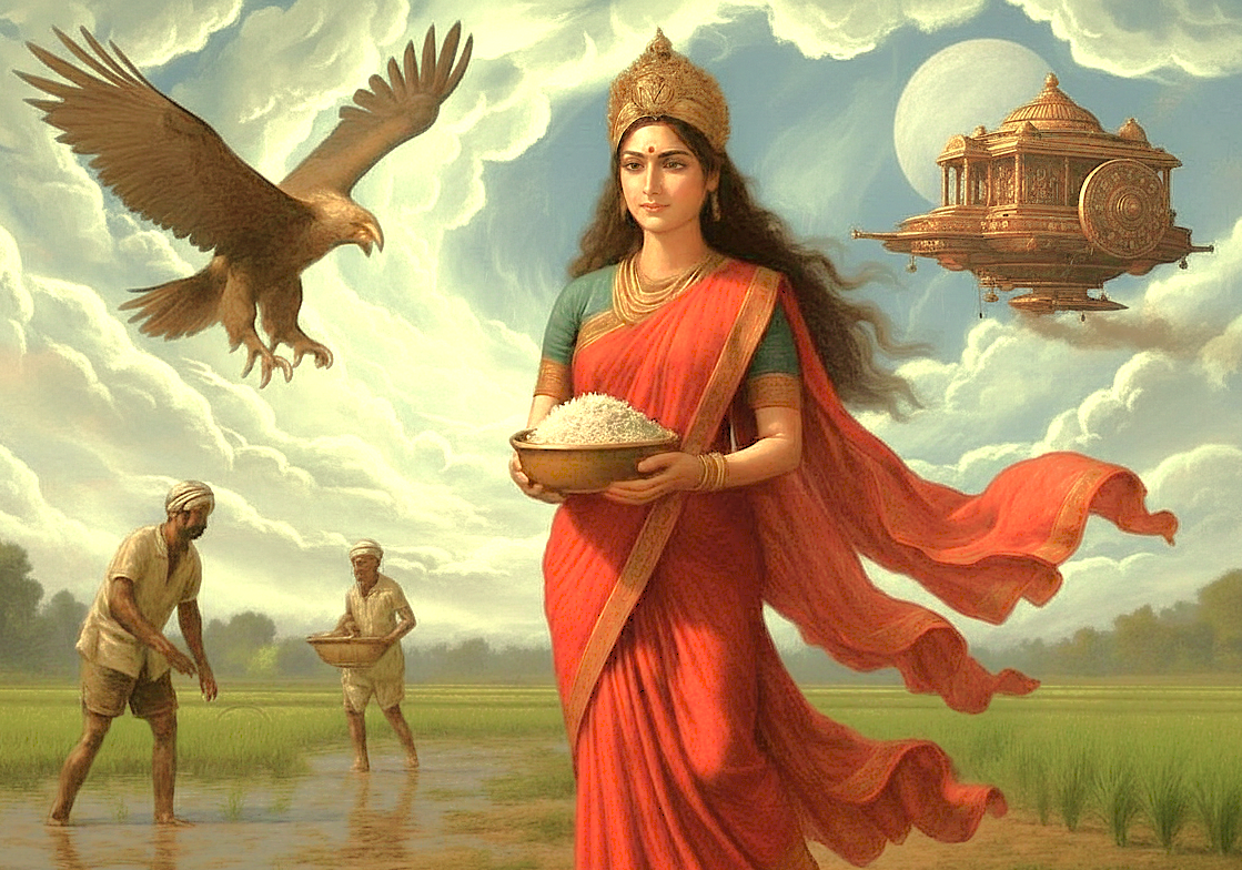 This artistic depiction of a goddess blessing the harvest in the Anegundi Rice Fields of Karnataka, India, evokes the spiritual heritage near the Hampi UNESCO site, a region famed for historical treasures like the Queen's Baths, the iconic Vittala Temple, and the magnificent Elephant Stables. This artistic depiction of a goddess blessing the harvest in the Anegundi Rice Fields of Karnataka, India, evokes the spiritual heritage near the Hampi UNESCO site, a region famed for historical treasures like the Queen's Baths, the iconic Vittala Temple, and the magnificent Elephant Stables.