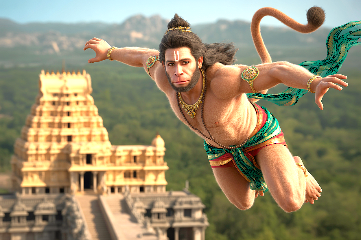 An artistic depiction of Lord Hanuman celebrates his legendary birthplace in Anegundi, Karnataka, near Anegundi Fort. This sacred area within the Hampi UNESCO site is famous for historical wonders like the Queen's Baths, the magnificent Vittala Temple, and the grand Elephant Stables.