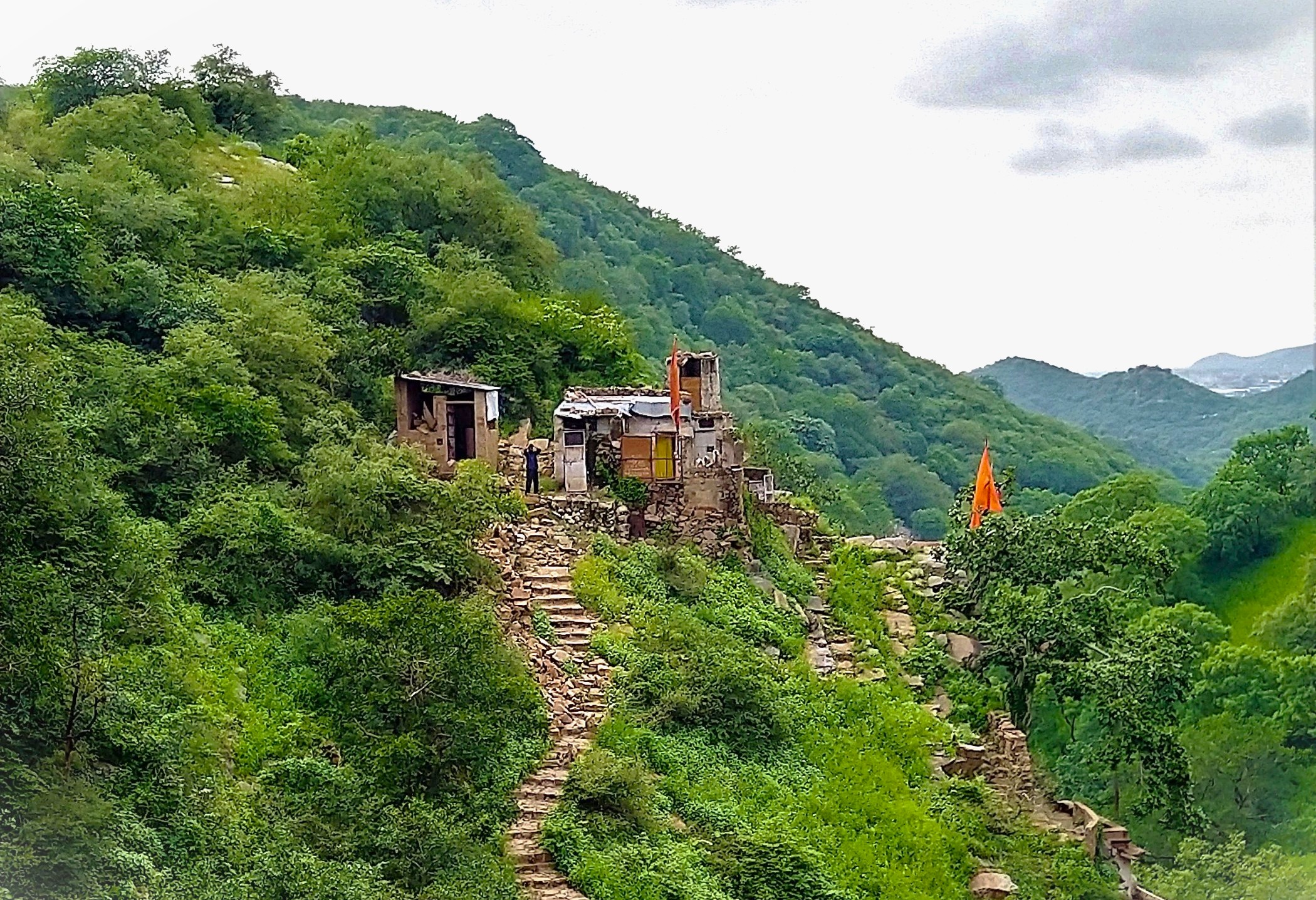A lush Aravali Hills vista near Jodhpur in Rajasthan, India, overlooks verdant slopes dotted with rocky outcrops, native flora, winding trails and distant reservoir under cloudy skies, for nature lovers.  A lush Aravali Hills vista near Jodhpur in Rajasthan, India, overlooks verdant slopes dotted with rocky outcrops, native flora, winding trails and distant reservoir under cloudy skies, for nature lovers.