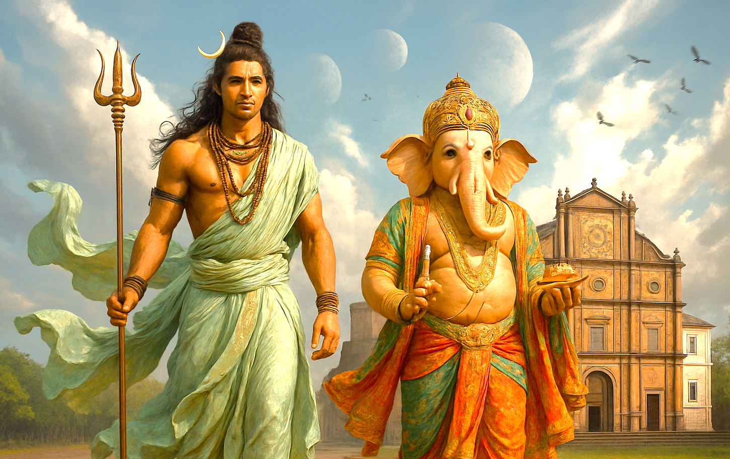 An artistic depiction of Shiva and Ganesha in India, with the Old Goa-Bom Jesus Bassilica-Unesco churches, connecting Hindu culture with visits to Fontainhas and the Goa Flee Market and beaches. An artistic depiction of Shiva and Ganesha in India, with the Old Goa-Bom Jesus Bassilica-Unesco churches, connecting Hindu culture with visits to Fontainhas and the Goa Flee Market and beaches.