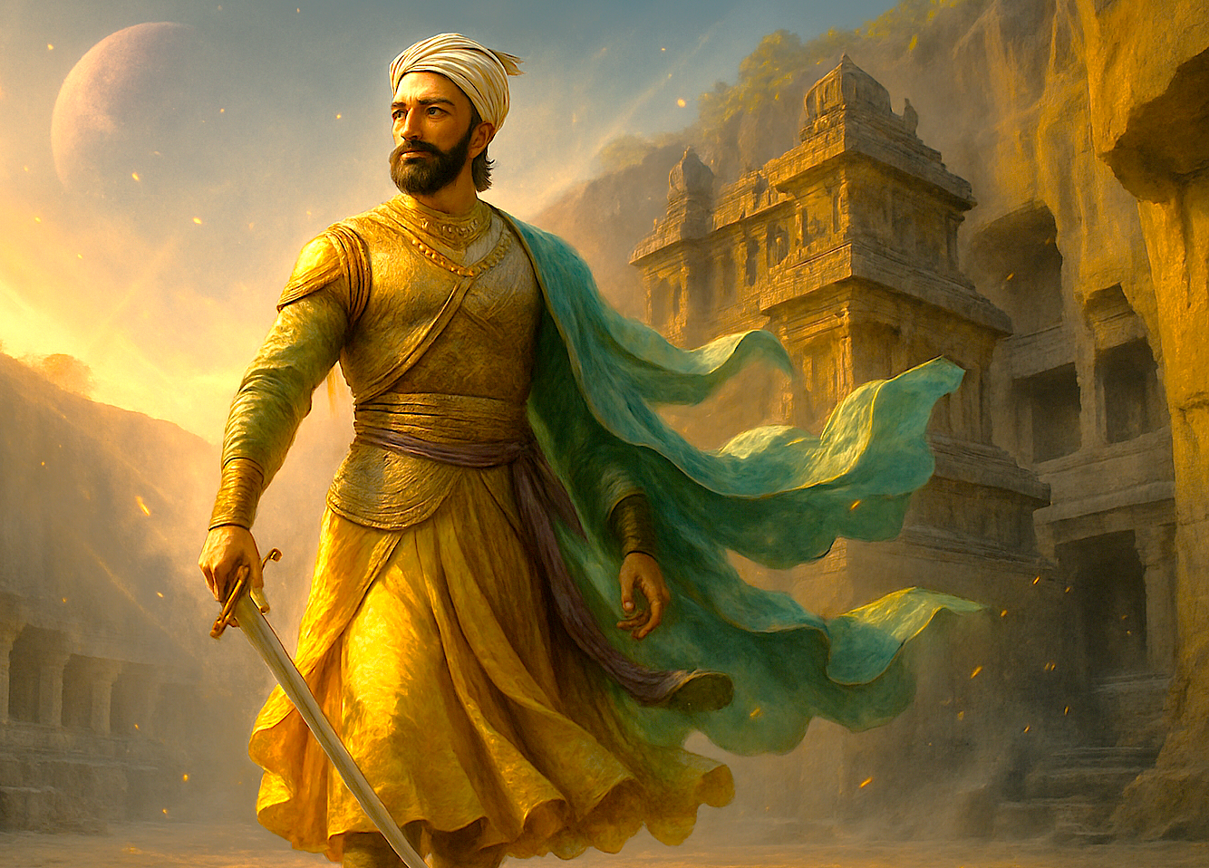 Regal depiction of Shivaji Maharaj at UNESCO-listed Elora Caves near Aurangabad, Maharashtra, captured during the Mumbai–Aurangabad railway journey in India, showcasing Maratha heritage, architectural splendor, magnificent cultural significance, and history.