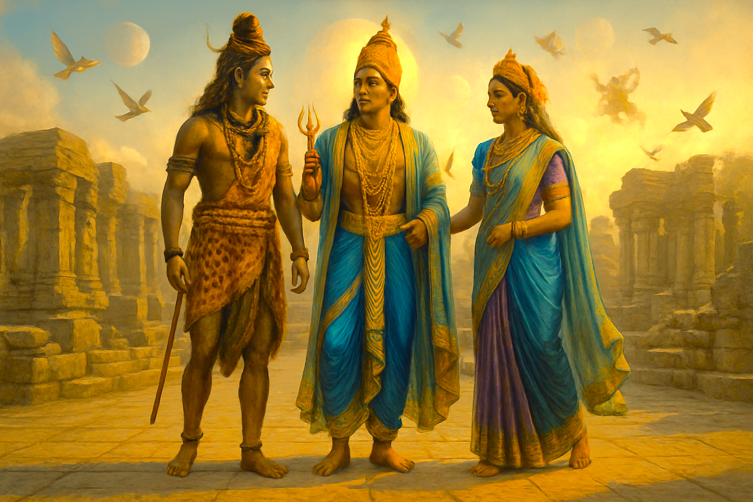 A digital artwork of Hindu deities at the Avantiswami-temple ruins near Srinagar, Jammu and Kashmir, a region known for Betaab Valley, Aru Valley, and saffron fields. A digital artwork of Hindu deities at the Avantiswami-temple ruins near Srinagar, Jammu and Kashmir, a region known for Betaab Valley, Aru Valley, and saffron fields.