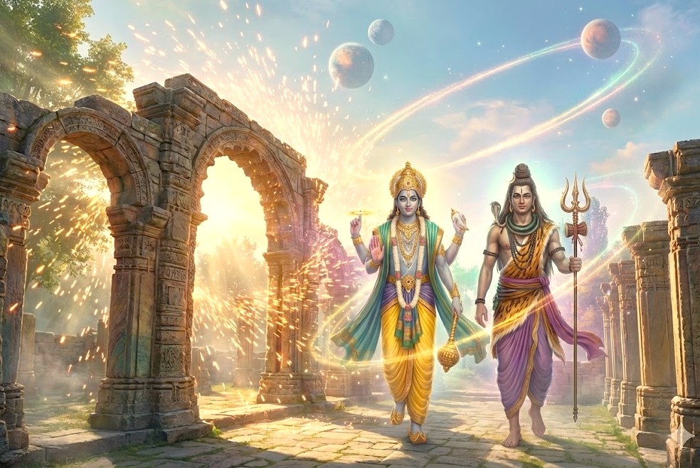 Deities Vishnu and Shiva in ancient Awantipora temple ruins, evoking a spiritual journey through Kashmir's landmarks like Srinagar, Dal Lake shikara boats, Gulmarg Gondola, and the scenic Beetab and Aru Valleys. Deities Vishnu and Shiva in ancient Awantipora temple ruins, evoking a spiritual journey through Kashmir's landmarks like Srinagar, Dal Lake shikara boats, Gulmarg Gondola, and the scenic Beetab and Aru Valleys.