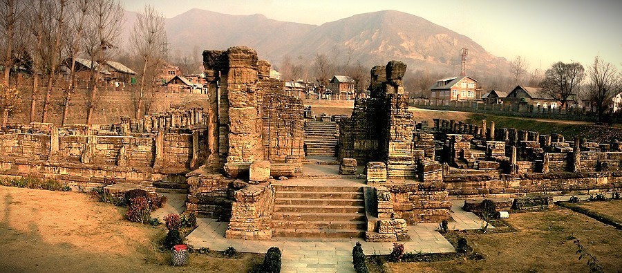 The ancient Avantiswami Temple ruins near Srinagar, Jammu and Kashmir, a historic site close to Betaab Valley, Aru Valley, and local saffron fields. The ancient Avantiswami Temple ruins near Srinagar, Jammu and Kashmir, a historic site close to Betaab Valley, Aru Valley, and local saffron fields.