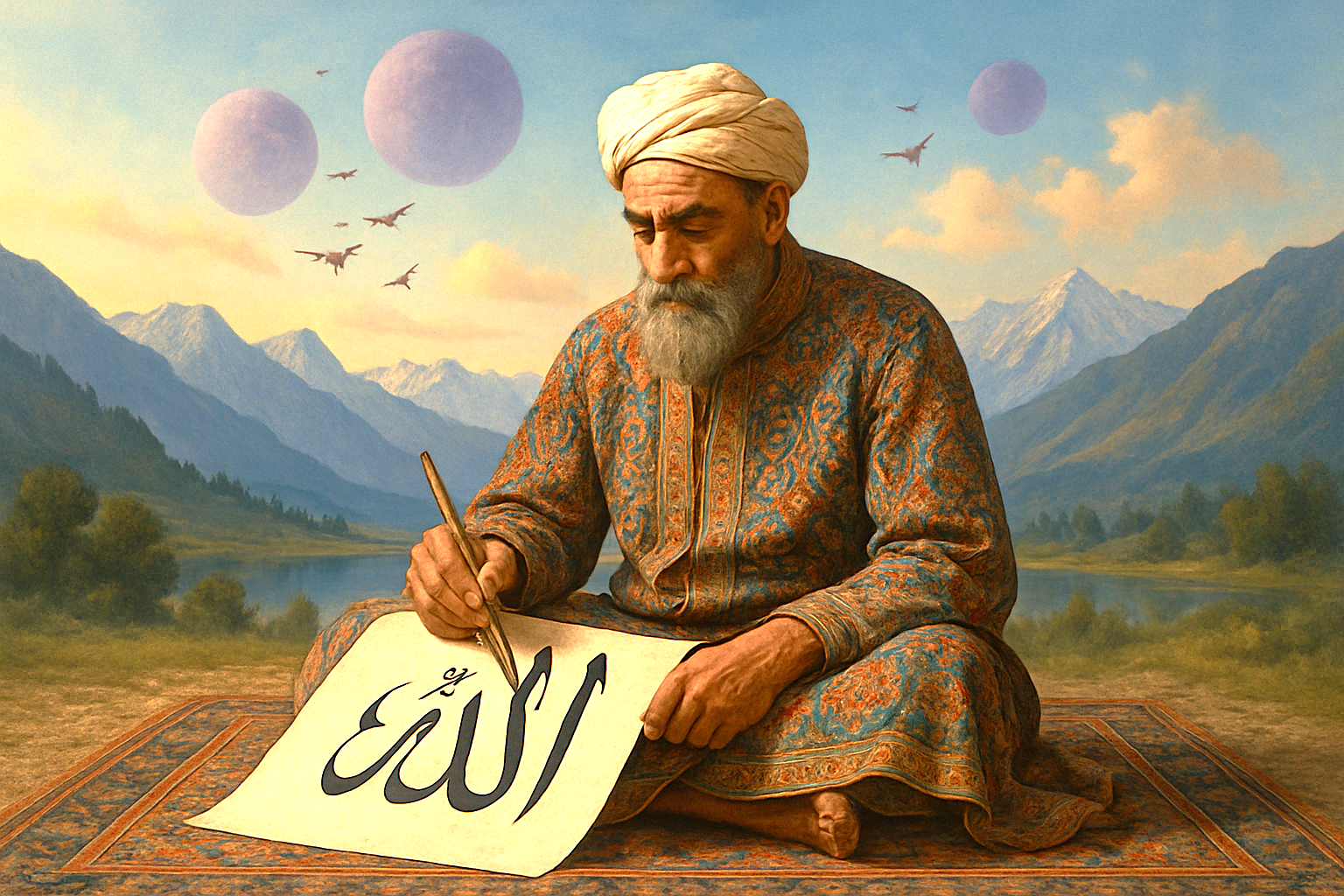 An artisan writes "Allah" in Islamic calligraphy, a traditional art at Babu Arts and Craft Emporium in Srinagar, Jammu and Kashmir, near saffron fields, Aru Valley, and Betaab Valley.