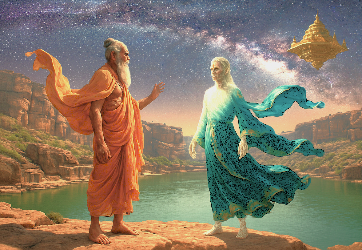 Here is an SEO-optimized sentence based on your request:  A mystical illustration depicts an ancient sage meeting a celestial being by the lakeshore in Badami, Karnataka, India, evoking local legends. This historic area, home to the Badami Archaeological Museum and near the Pattadakal UNESCO World Heritage site, is steeped in mythology. Here is an SEO-optimized sentence based on your request:  A mystical illustration depicts an ancient sage meeting a celestial being by the lakeshore in Badami, Karnataka, India, evoking local legends. This historic area, home to the Badami Archaeological Museum and near the Pattadakal UNESCO World Heritage site, is steeped in mythology.