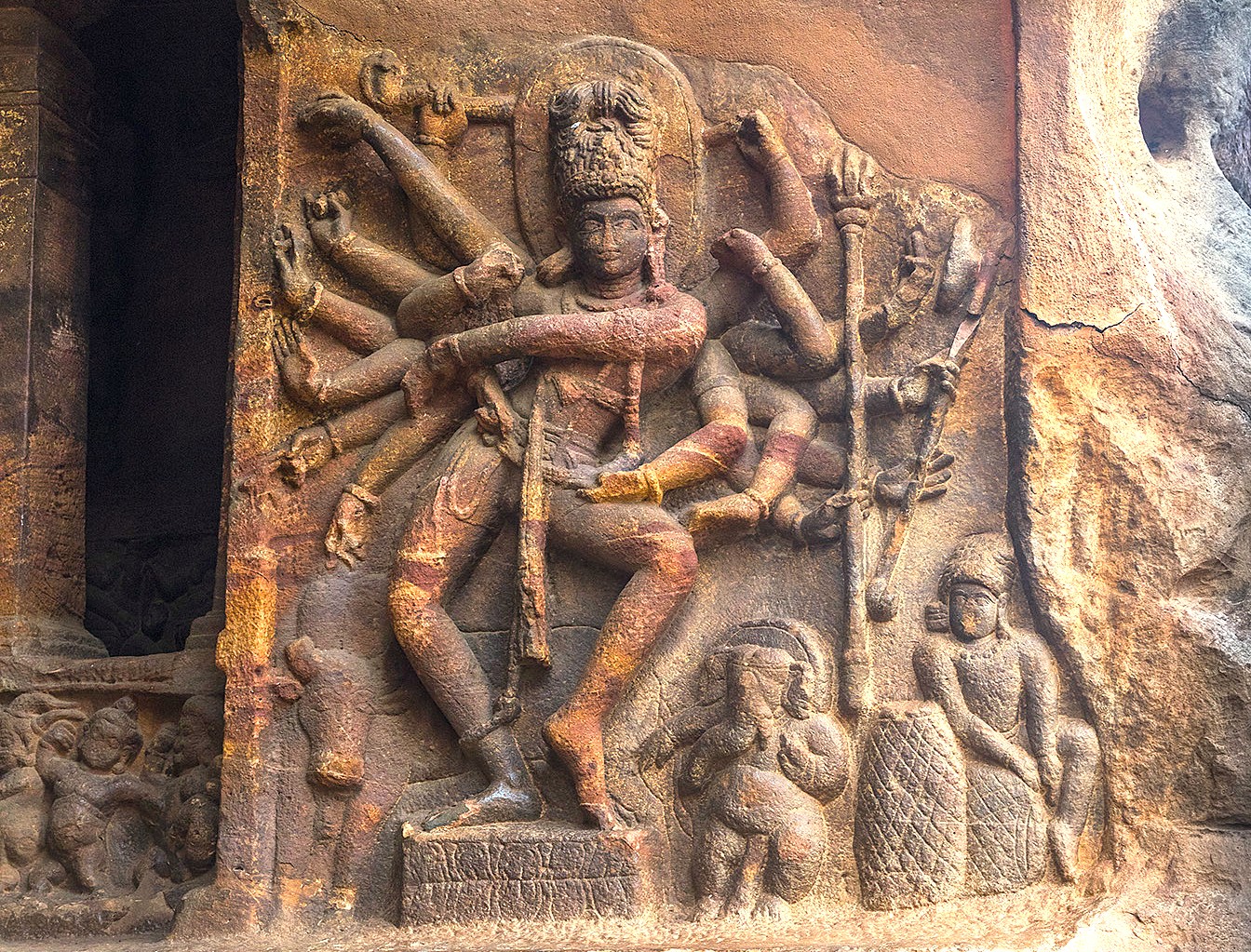 This magnificent rock-cut sculpture at the Malegitti Shivalaya Temple complex in Karnataka, India, showcases Chalukyan art near the Pattadakal UNESCO heritage site. This magnificent rock-cut sculpture at the Malegitti Shivalaya Temple complex in Karnataka, India, showcases Chalukyan art near the Pattadakal UNESCO heritage site.