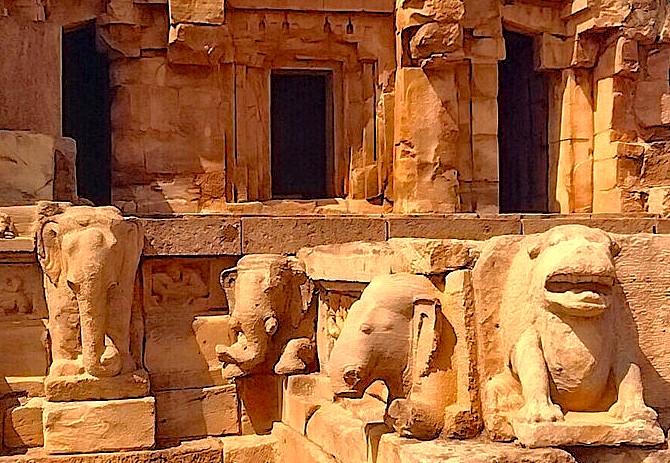 Detailed stone elephant carvings at the Badami Fort in Karnataka, India, showcase ancient Chalukyan artistry, located near the Pattadakal UNESCO World Heritage site. Detailed stone elephant carvings at the Badami Fort in Karnataka, India, showcase ancient Chalukyan artistry, located near the Pattadakal UNESCO World Heritage site.