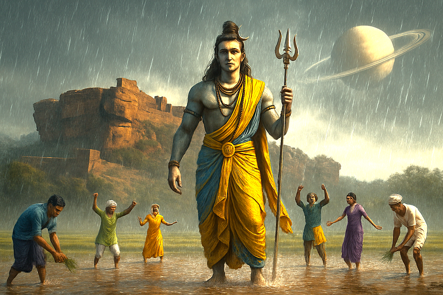 A mythical artwork shows Lord Shiva bringing rain to farmers at Badami Fort in Karnataka, India, a historic site located near the Pattadarkel-Unesco complex. A mythical artwork shows Lord Shiva bringing rain to farmers at Badami Fort in Karnataka, India, a historic site located near the Pattadarkel-Unesco complex.