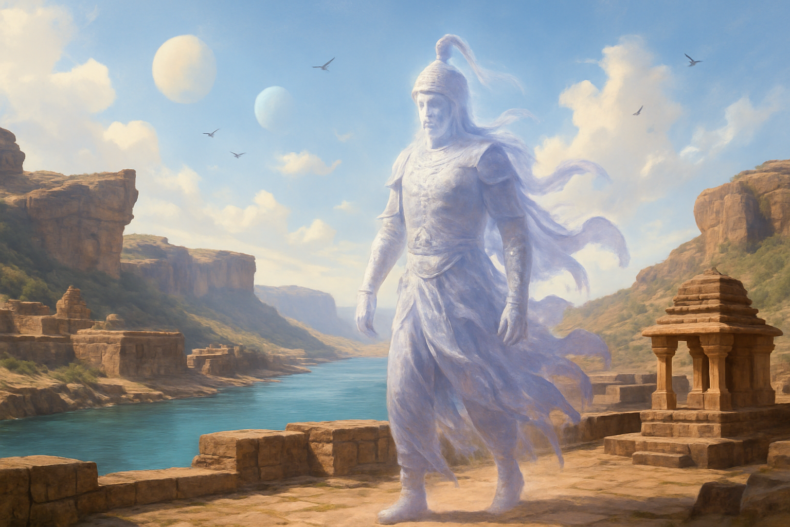 A mythical spirit warrior stands guard over the Badami Fort in Karnataka, India, evoking the ancient legends of this historic site near the Pattadarkel-Unesco complex. A mythical spirit warrior stands guard over the Badami Fort in Karnataka, India, evoking the ancient legends of this historic site near the Pattadarkel-Unesco complex.