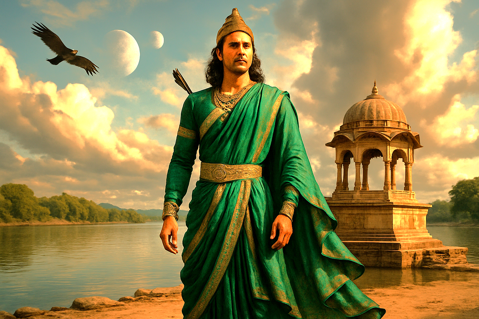 This artistic depiction, evoking a legend from the Ramayana, is set in the epic landscape of Badami, Karnataka, India. This historic town, famed for its ancient temples, is located near the magnificent Pattadakal UNESCO World Heritage site, connecting mythology with India's rich heritage.