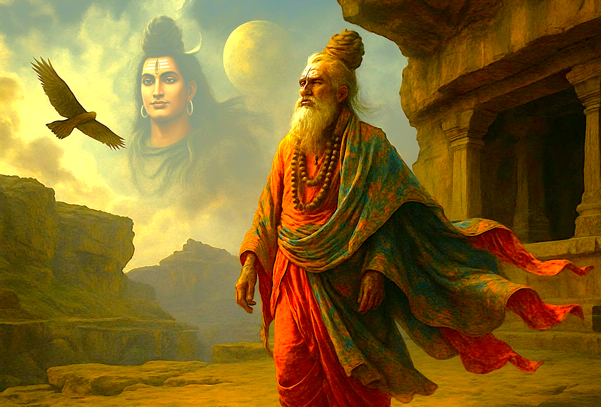 This artistic depiction of a wandering sage and Lord Shiva captures the legendary spiritual heritage of Badami, Karnataka, India. This ancient town, famed for its rock-cut temples, is located near the magnificent Pattadakal UNESCO World Heritage site, embodying India's rich mythological past.