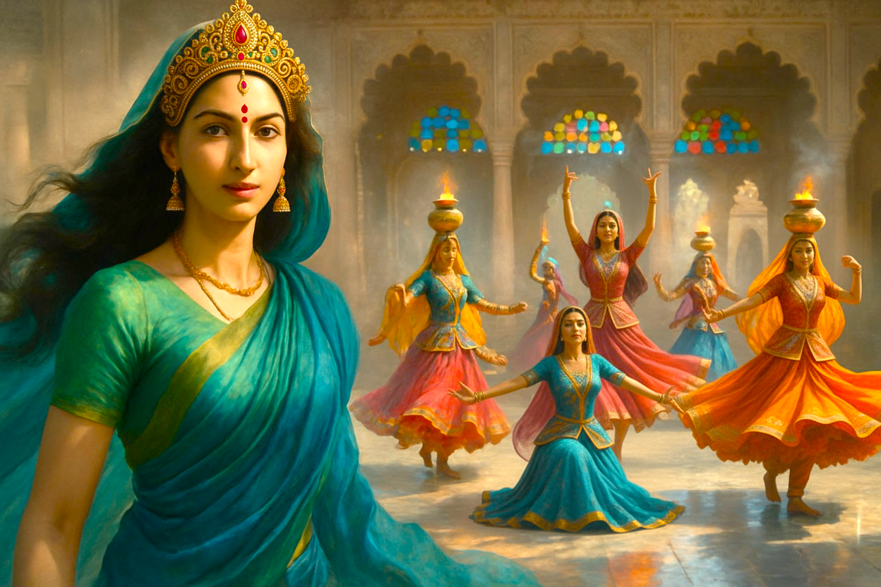  Modern goddess Durga observes vibrant Rajasthani dancers performing a cultural performance at Bagore Ki Haveli in Udaipur, Rajasthan, India, blending mythological grace with traditional folk dance artistry celebration.