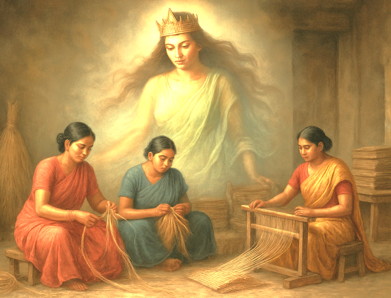 This artistic rendering of a goddess protecting weavers at the Anegundi Banana Fibre Workshop in Karnataka, India, embodies the sacred craft tradition found near the Hampi UNESCO site, a region celebrated for historical wonders like the Queen's Baths, Vittala Temple, and the Elephant Stables. This artistic rendering of a goddess protecting weavers at the Anegundi Banana Fibre Workshop in Karnataka, India, embodies the sacred craft tradition found near the Hampi UNESCO site, a region celebrated for historical wonders like the Queen's Baths, Vittala Temple, and the Elephant Stables.
