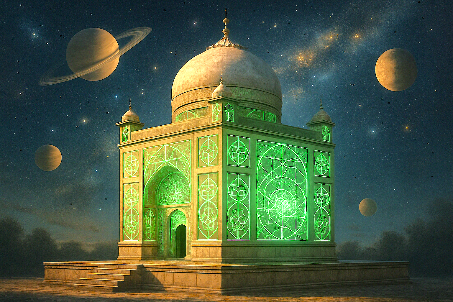 A mystical depiction of the Bandashar Tomb glowing with sacred geometry in Srinagar, Jammu and Kashmir, a site near saffron fields, Aru Valley, and Betaab Valley.