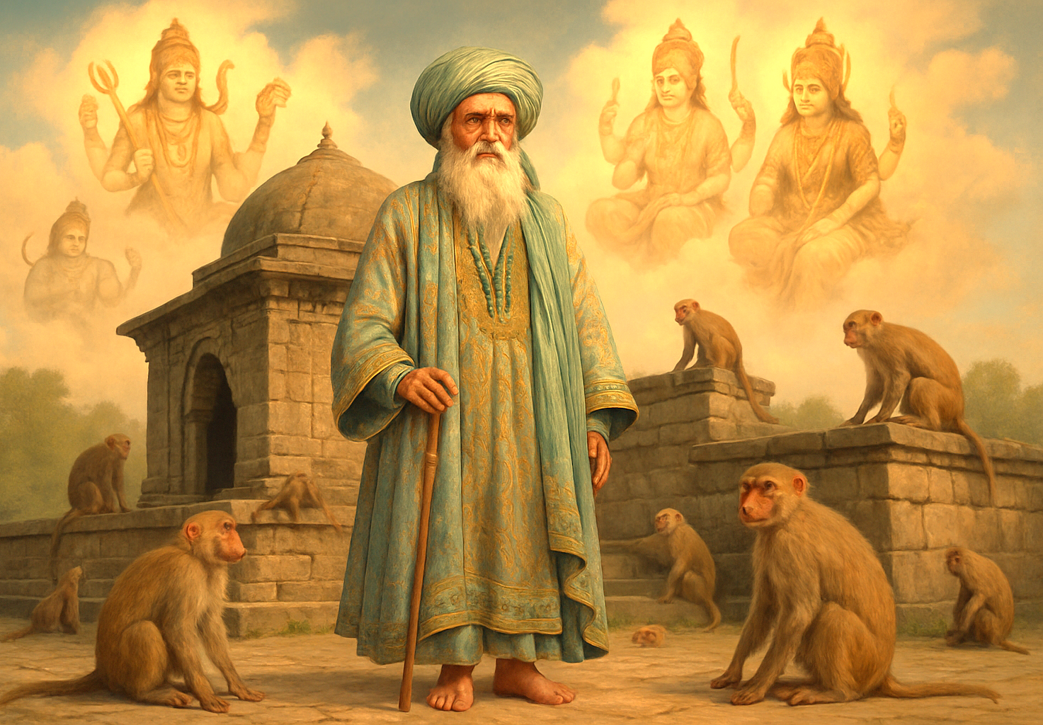 A spiritual depiction of a saint and deities at the Bandashar Tomb in Srinagar, Jammu and Kashmir, a site near saffron fields, Aru Valley, and Betaab Valley.