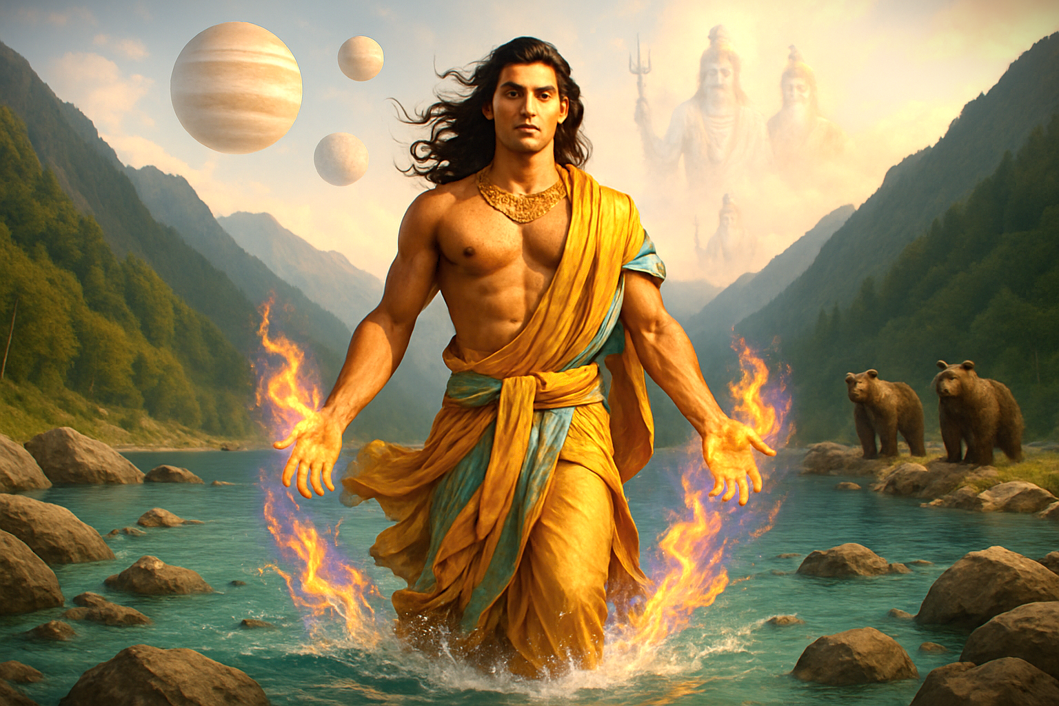 "Artistic rendering of the Sun God Surya rising from the water amidst the majestic mountains of Aru and Beetab Valleys, symbolizing spiritual power and profound journeys in Kashmir, India."