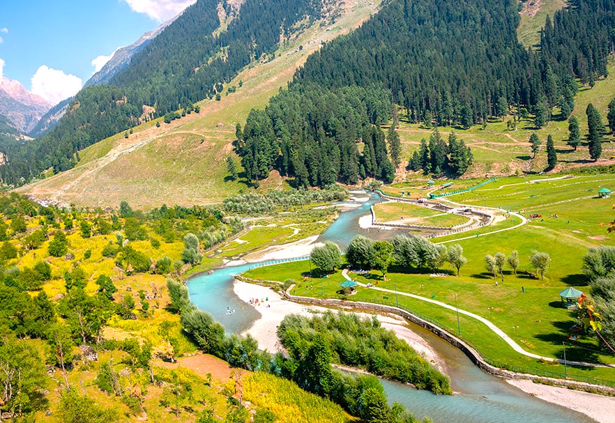"High-angle view of the turquoise Lidder River flowing through the lush, pine-covered slopes of Beetab Valley, symbolizing the immense natural beauty found in Kashmir, India."
