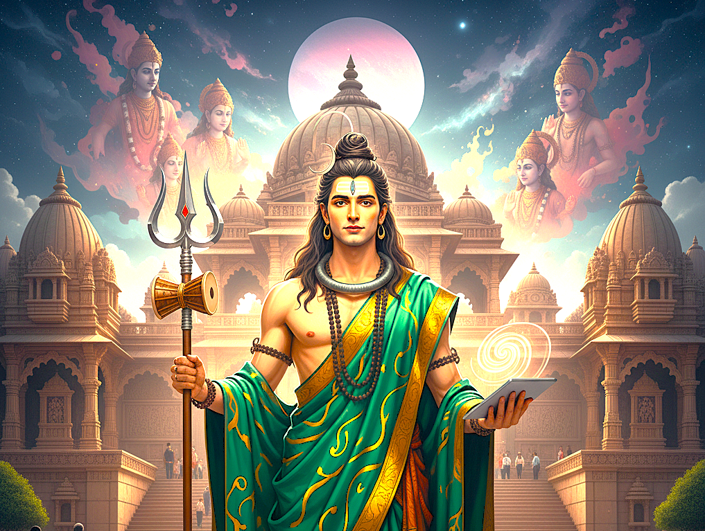 “Intricate mythological scene depicting an ancient sage with trident before a temple, surrounded by celestial beings under a glowing moon at Bharat Kala Bhavan Museum in Varanasi, Uttar Pradesh, India.”