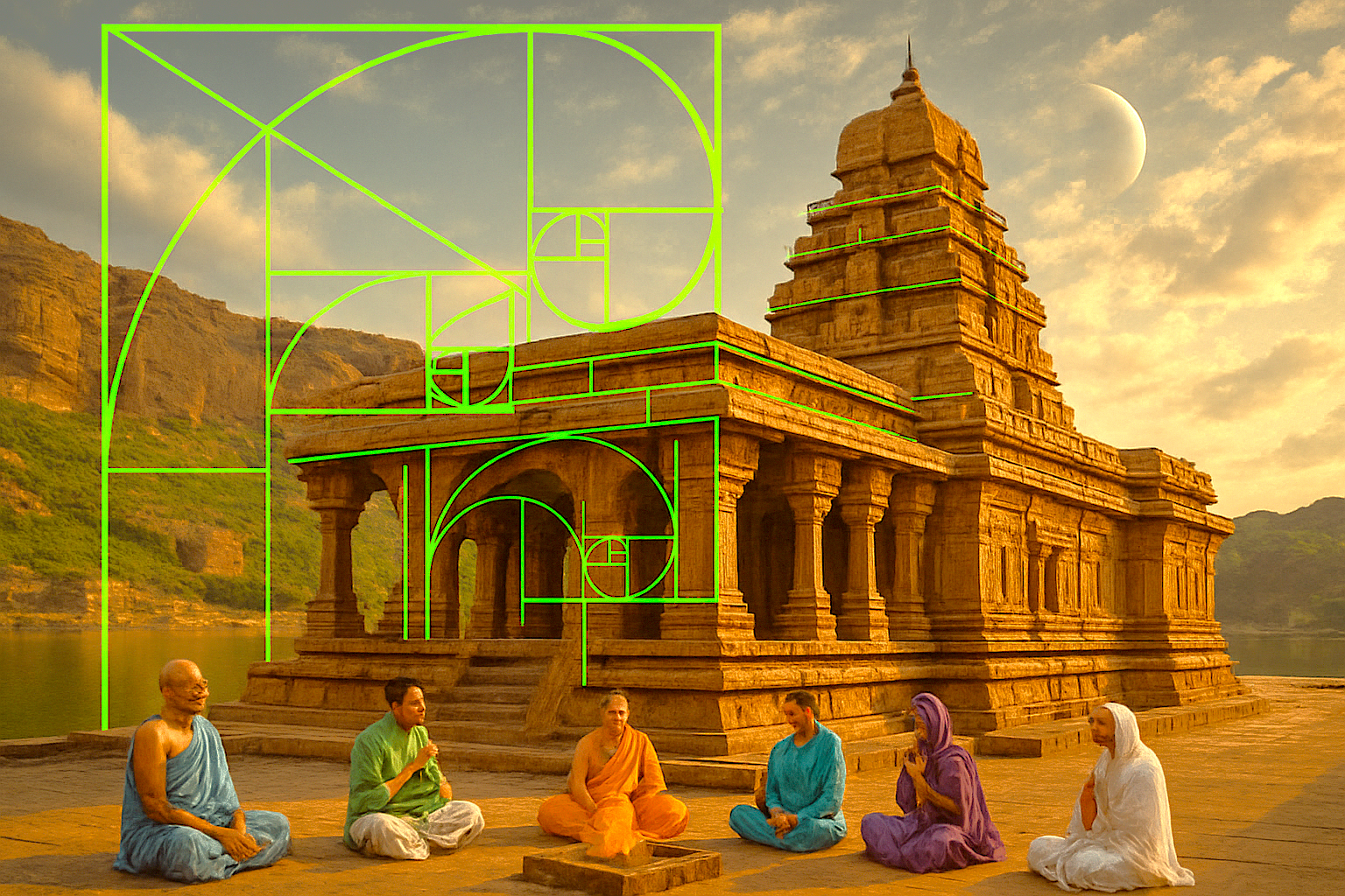 This conceptual image highlights the sacred geometry (golden ratio) of the Bhuthanatha Temple, located by Agastya Lake in Badami, Karnataka, India. Worshippers performing a fire ceremony evoke the ancient spirit of this complex, which is near the Badami Cave Temples and the Pattadakal UNESCO World Heritage site. This conceptual image highlights the sacred geometry (golden ratio) of the Bhuthanatha Temple, located by Agastya Lake in Badami, Karnataka, India. Worshippers performing a fire ceremony evoke the ancient spirit of this complex, which is near the Badami Cave Temples and the Pattadakal UNESCO World Heritage site.