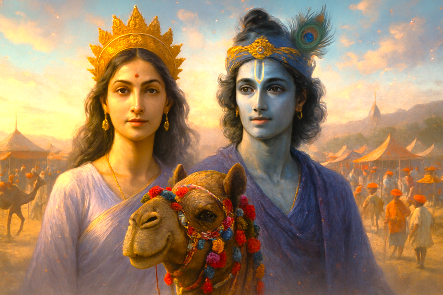 Durga and Krishna at the vibrant Bikaner Camel Festival in Rajasthan’s Thar Desert, India, featuring richly decorated camels, colorful traders, tents, and festive spiritual atmosphere.