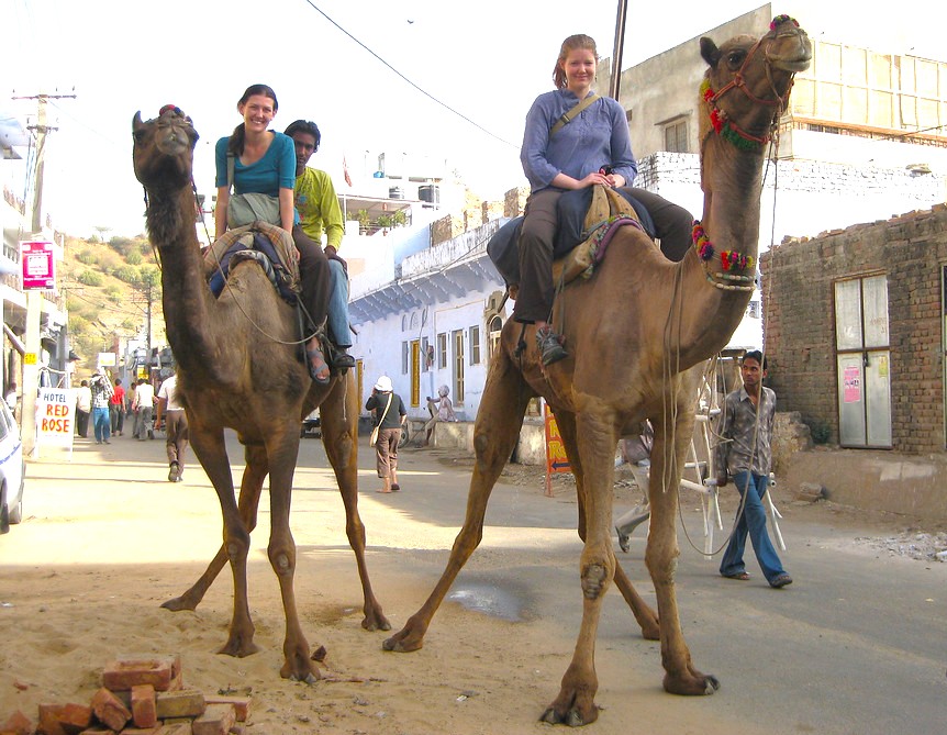 Two tourists ride decorated camels through a lively street in Bikaner’s Thar Desert near the Karni Mata Rat Temple in Rajasthan, India, as pedestrians and architecture frame the vibrant scene.