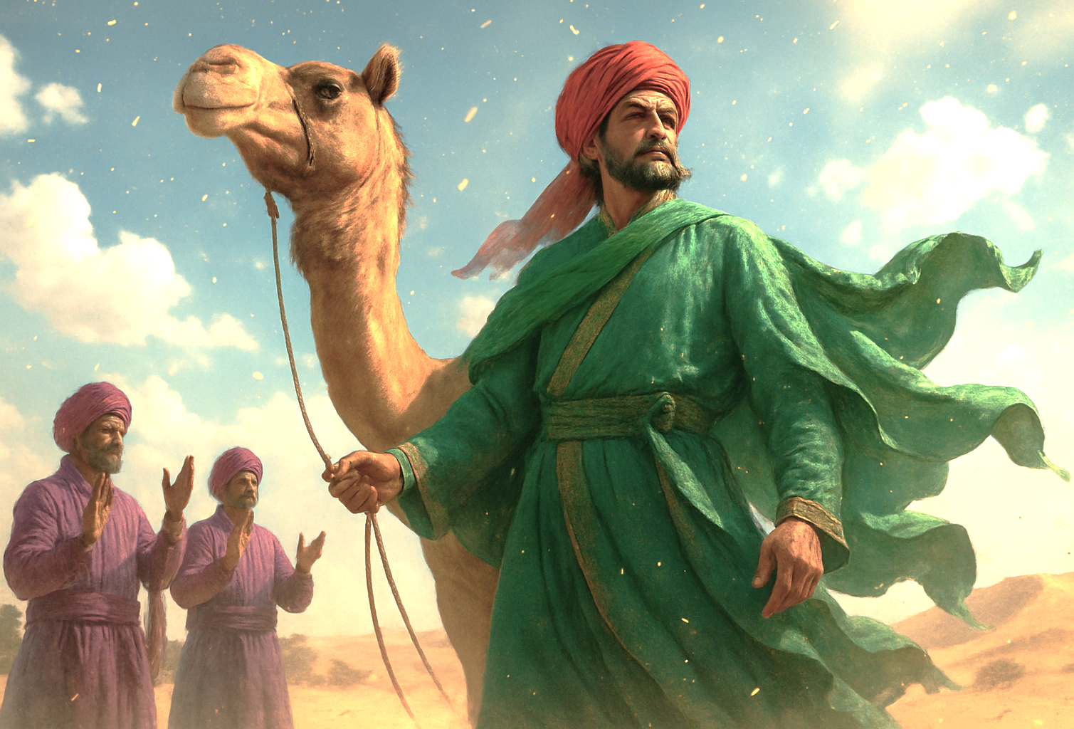 Heroic folk-hero Pabuji leads a majestic camel across the sunlit Thar Desert in Rajasthan, India, surrounded by reverent camel herders during a vibrant and authentic Bikaner Camel Safari cultural experience.