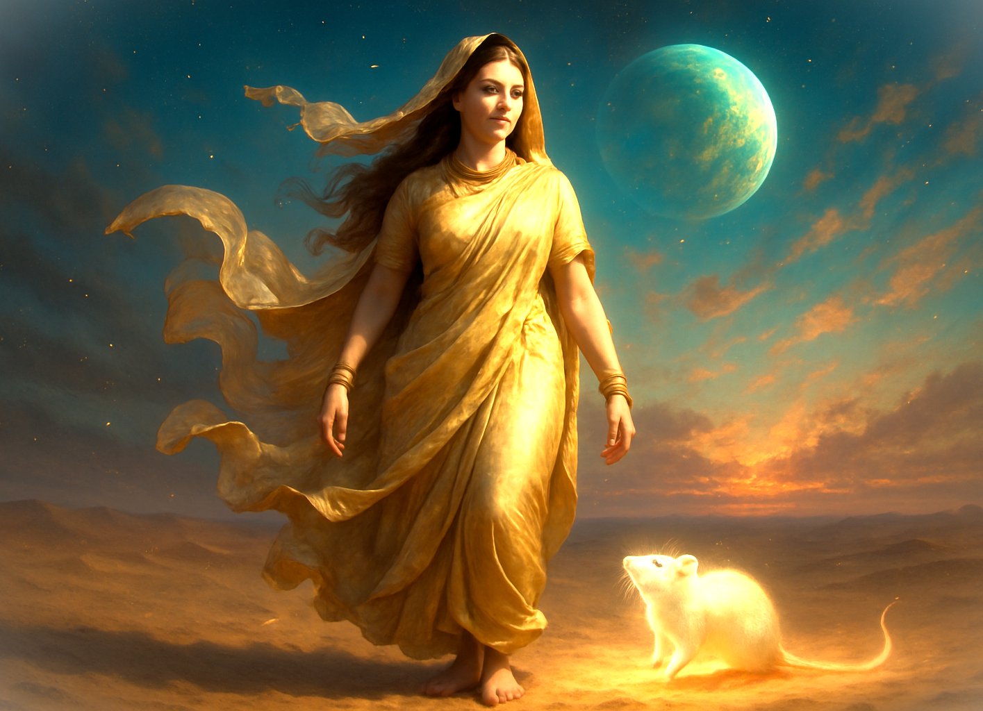Karni Mata goddess in gold robes stands barefoot with her glowing white rat under a vibrant sky with green planet above the sunlit dunes of Bikaner Thar Desert, Rajasthan, India.