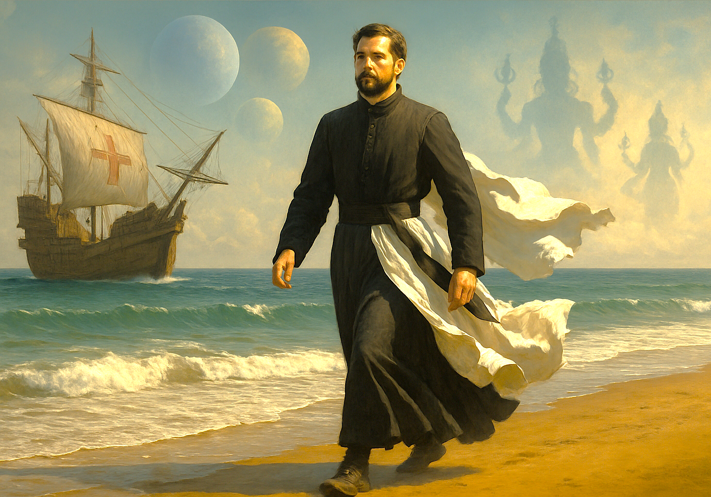 A surreal painting depicts St. Francis Xavier, enshrined at Bom Jesus Basilica, arriving on a beach in Goa, India, a key site of the Old Goa Unesco churches.