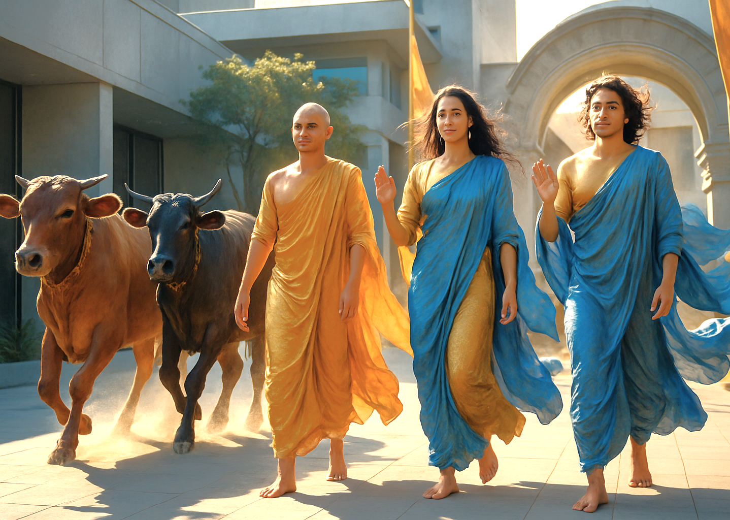At the Bombay Panjrapole Cow Shelter in India-Mumbai-mahapradesh, three barefoot devotees clad in flowing saffron and azure robes stride alongside gentle cows beneath sunlit modern temple arches, illustrating spiritual harmony. At the Bombay Panjrapole Cow Shelter in India-Mumbai-mahapradesh, three barefoot devotees clad in flowing saffron and azure robes stride alongside gentle cows beneath sunlit modern temple arches, illustrating spiritual harmony.